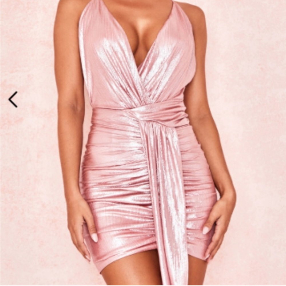 House of CB Ciara Metallic Pink Wrap Mini Dress